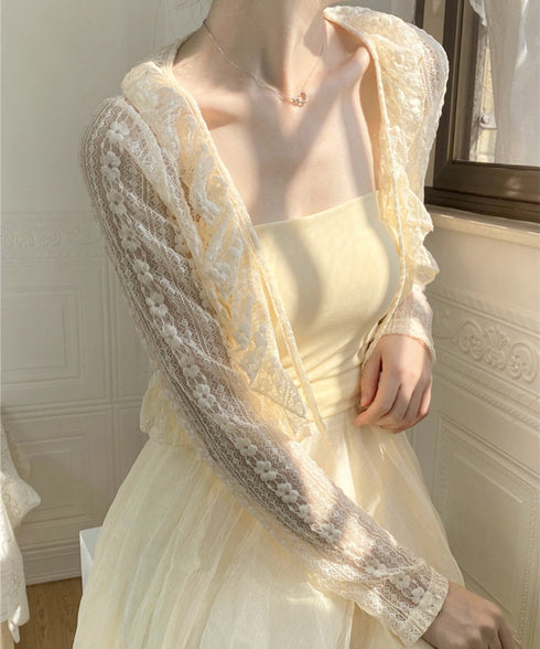 レースボレロカーディガン シアートップス レディース 花柄フリルカーディガン フェミニン 日焼け防止 冷房対策 フロントリボンサマーカーディガン ショート丈春夏服 84WANJIA-017